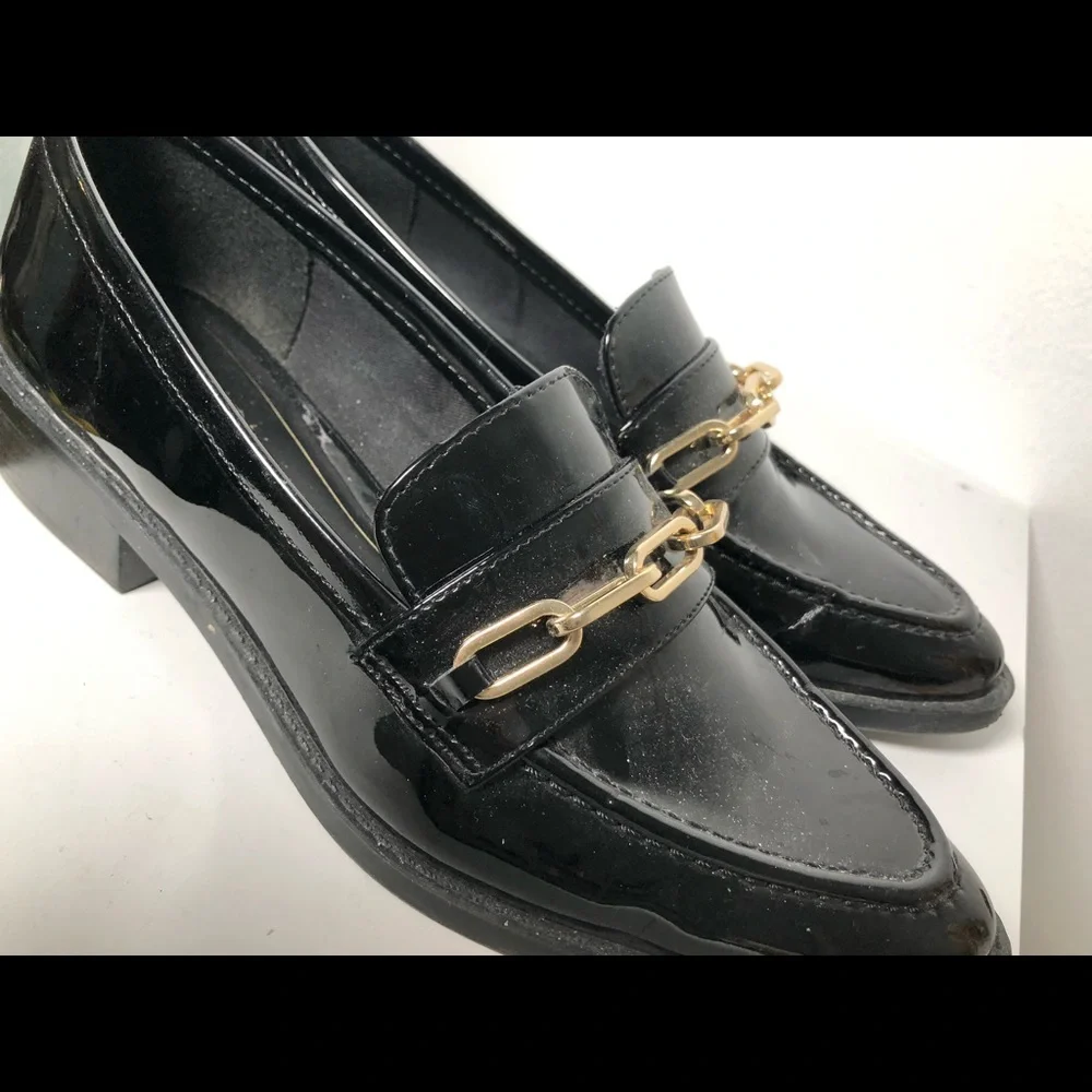 Zara Black Patent Loafers with Gold Chain Detail - Picture 3 of 4